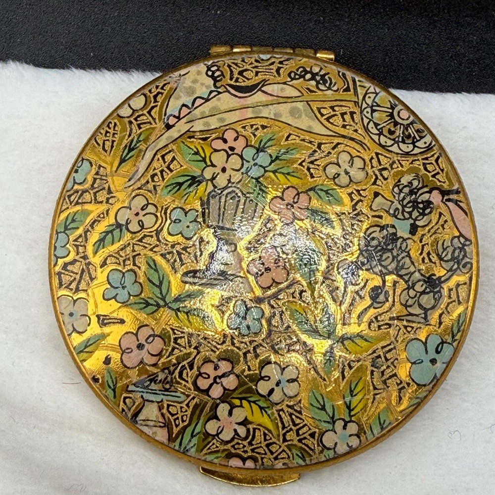 Vintage KIGU Compact Gold Tone Enamel Floral Mirrorβ England Round